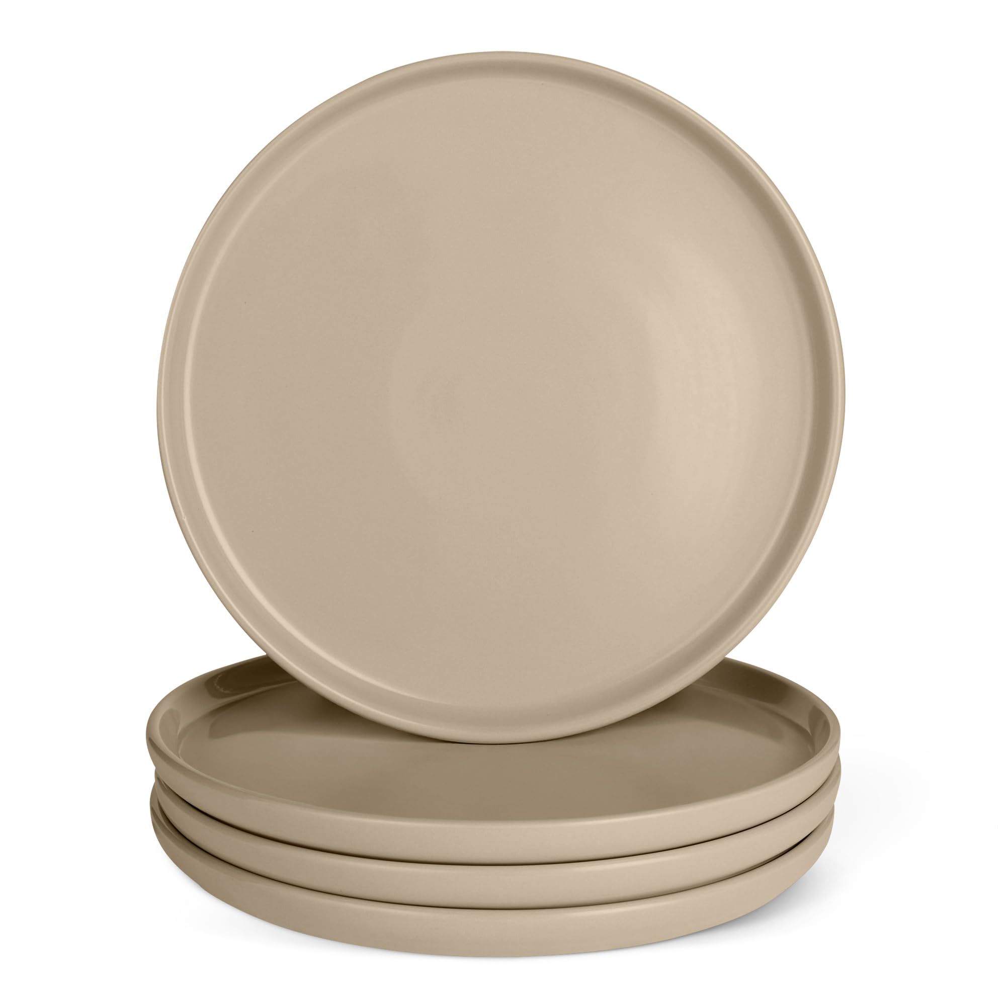 Amazon Basics front view plate showing linen gray finish and clean rim benefit
