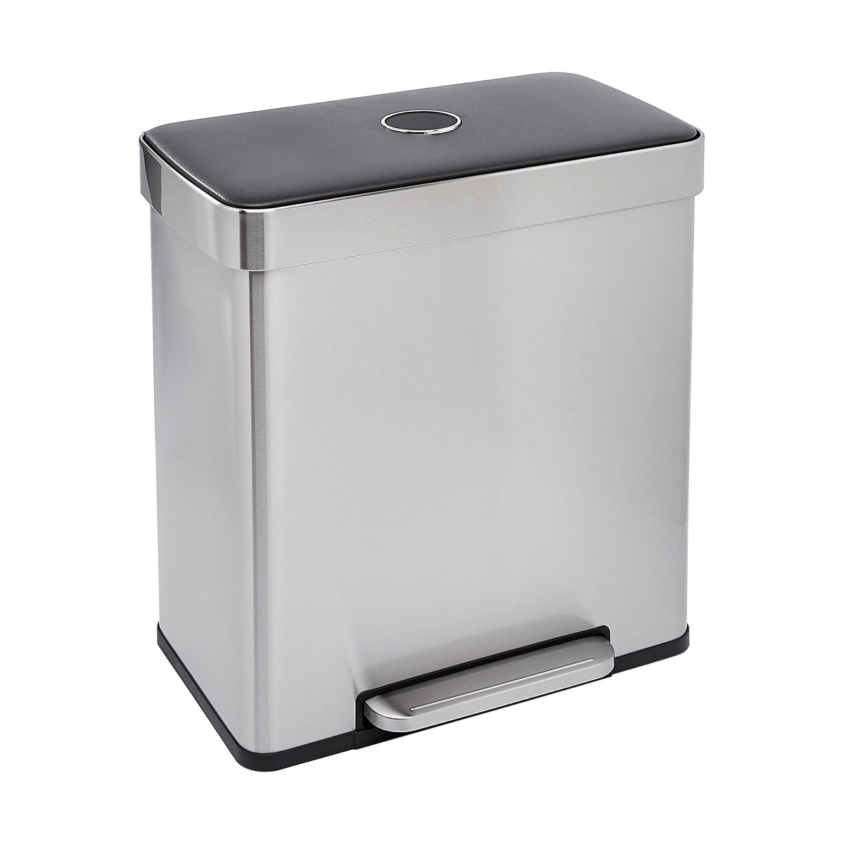 Amazon Basics front view of rectangular trash can showing sleek profile and space-saving design