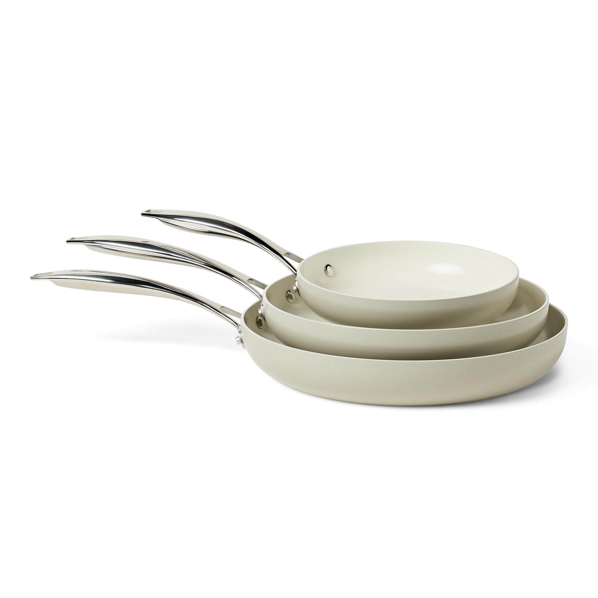 amazon basics front view of 3-piece frying pan set showing linen gray finish and sizes