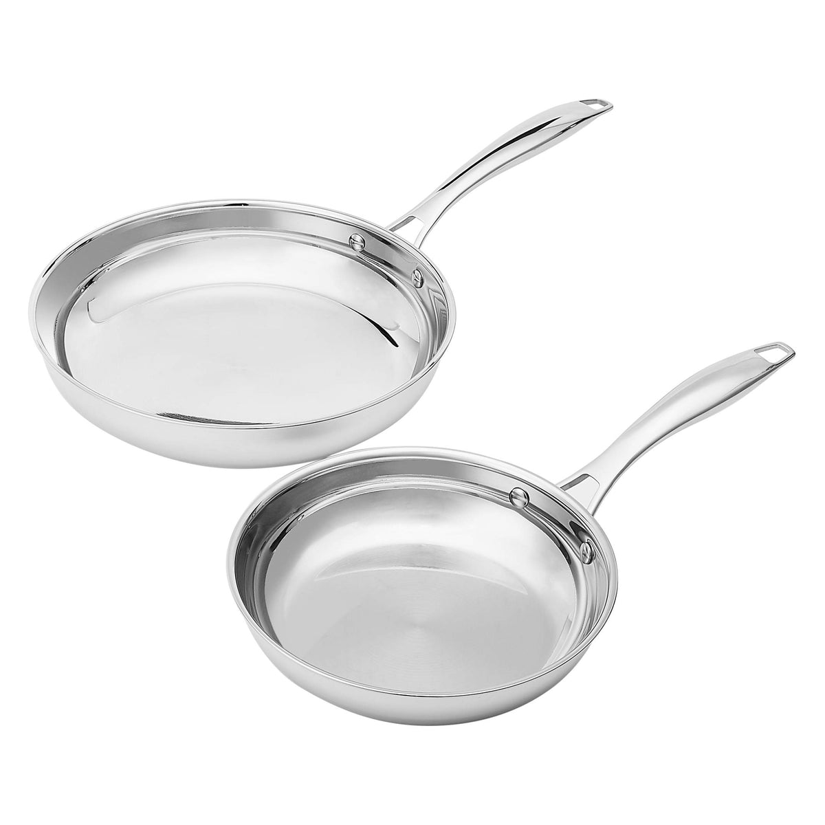 Amazon Basics front view of both stainless steel frying pans, shows even heating