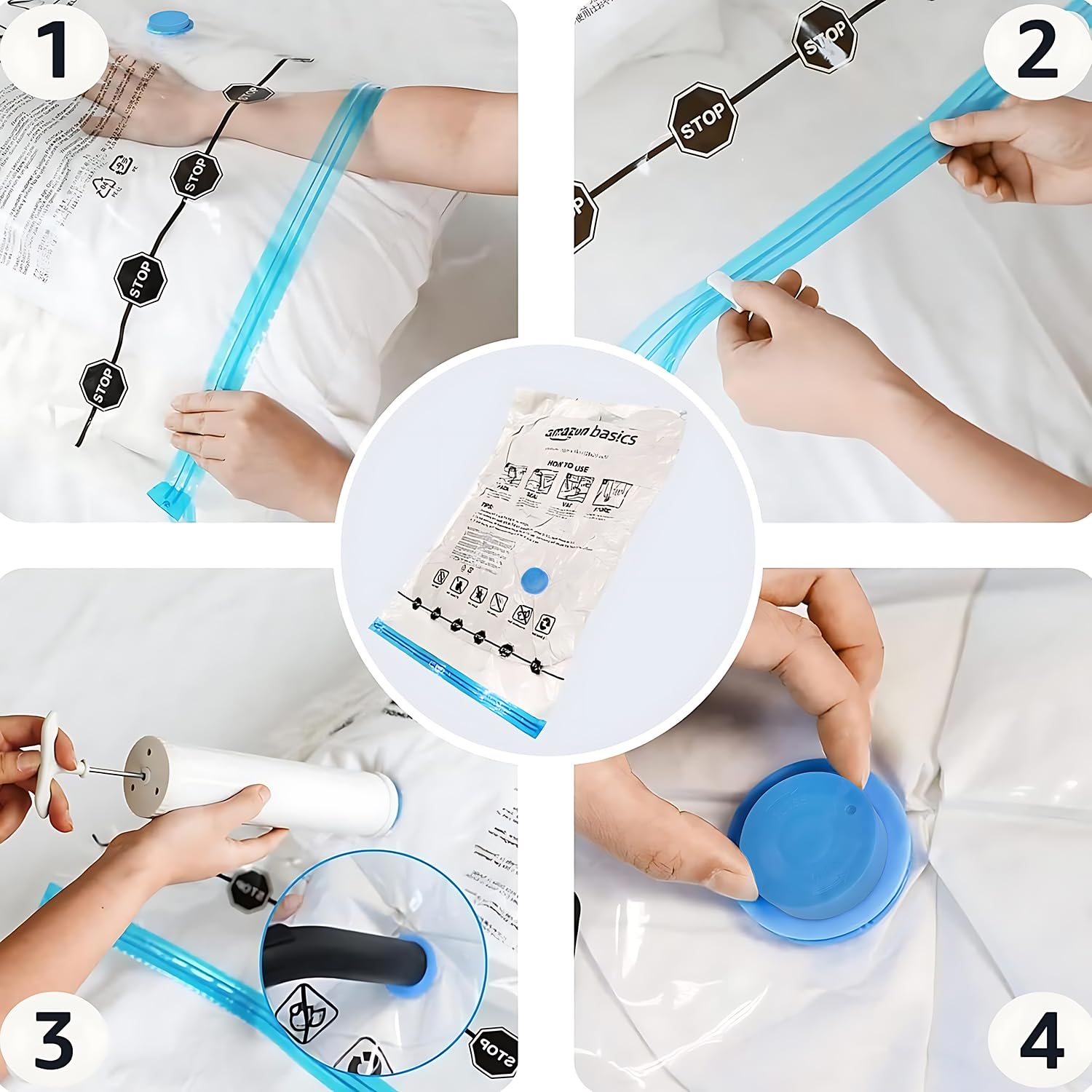 Amazon Basics hand pump being used to remove air for travel convenience