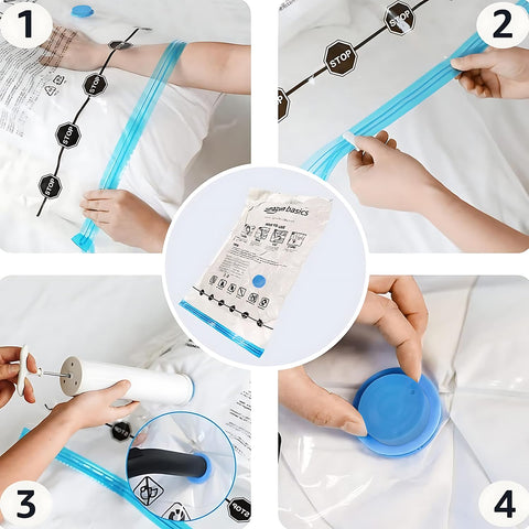 Amazon Basics hand pump being used to remove air for travel convenience