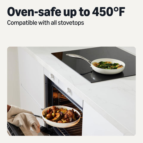 Amazon Basics stainless steel riveted handle detail showcasing secure grip and stay-cool benefit