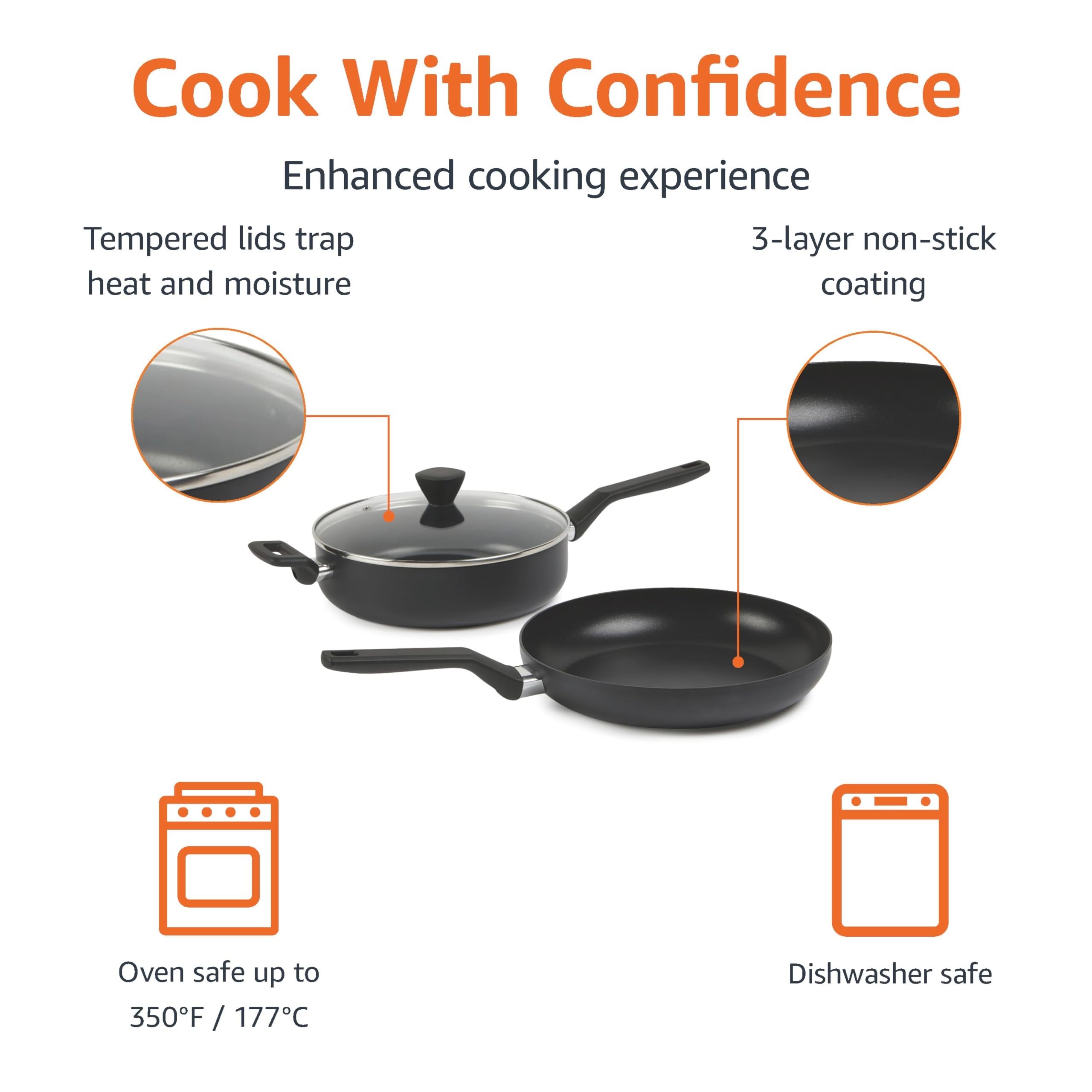 Amazon Basics cookware in use on stovetop demonstrating even heating