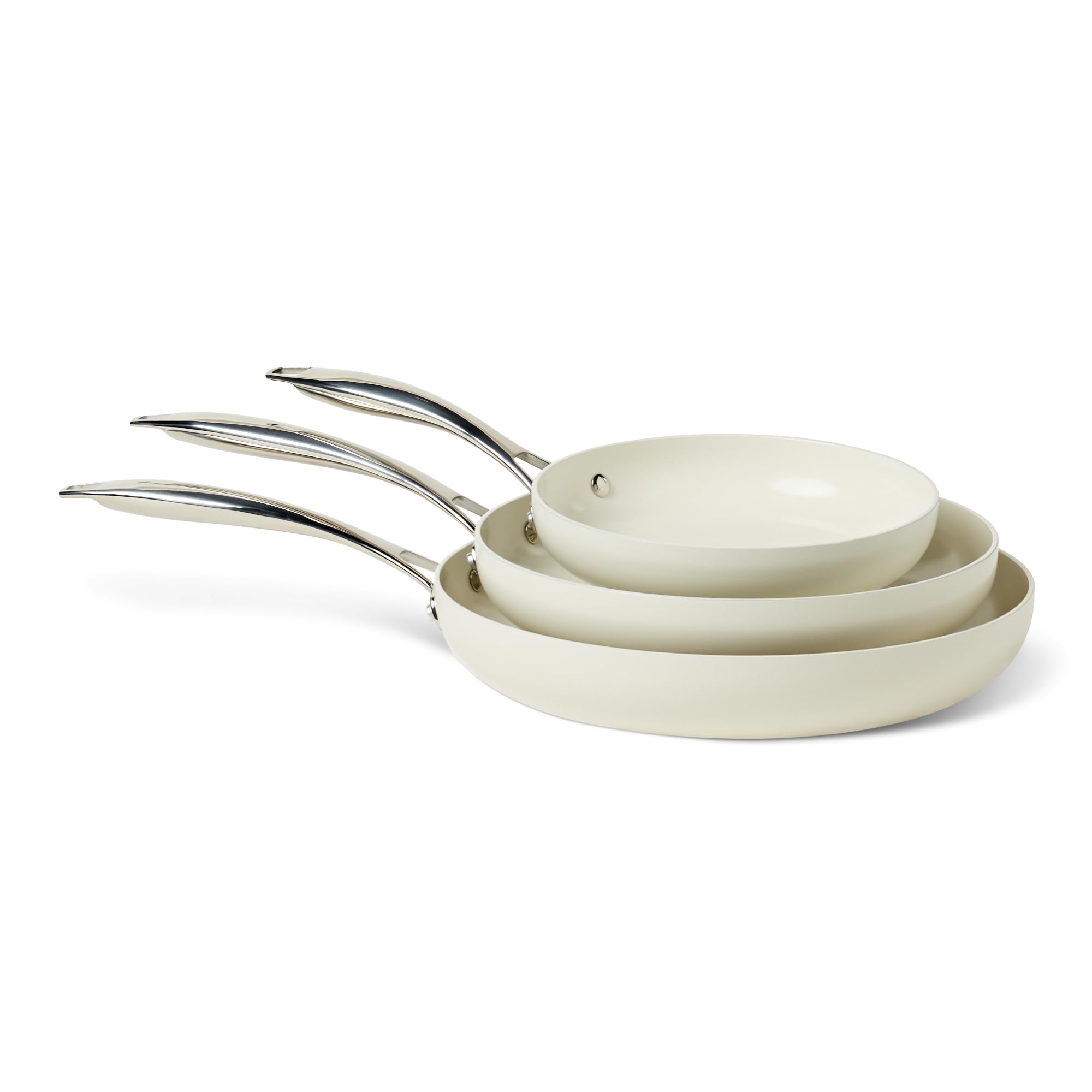 Amazon Basics ivory 3-piece set front view showing pans and ergonomic handles for easy handling
