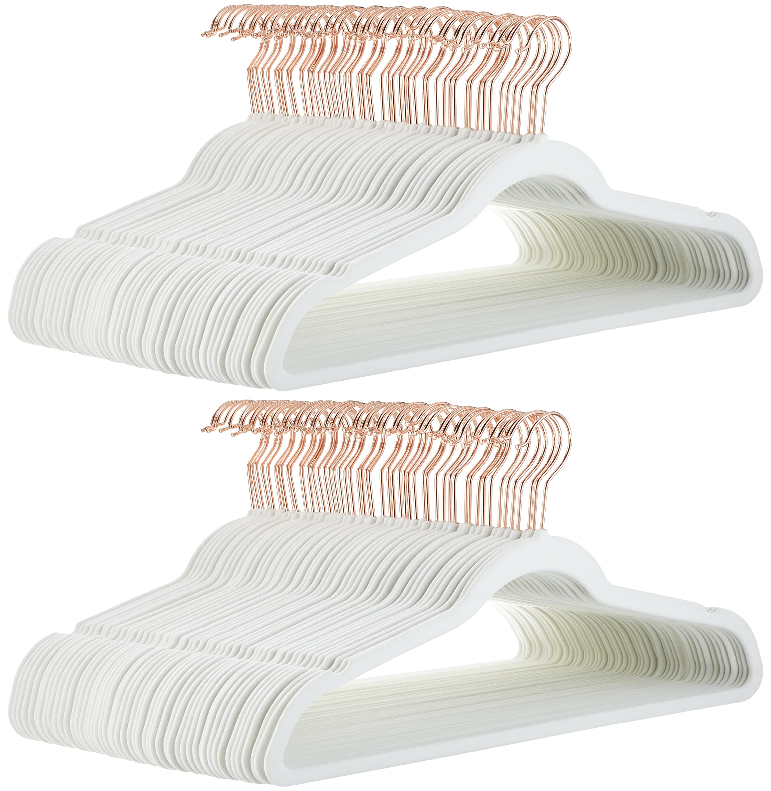 Amazon Basics front view of 100-pack hangers showing clean organized closet benefit