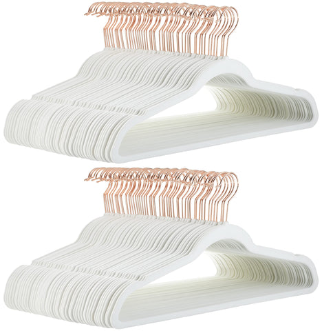 Amazon Basics front view of 100-pack hangers showing clean organized closet benefit