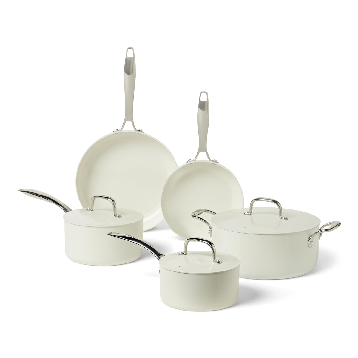 Amazon Basics ivory cookware set front view showing included pieces and benefits