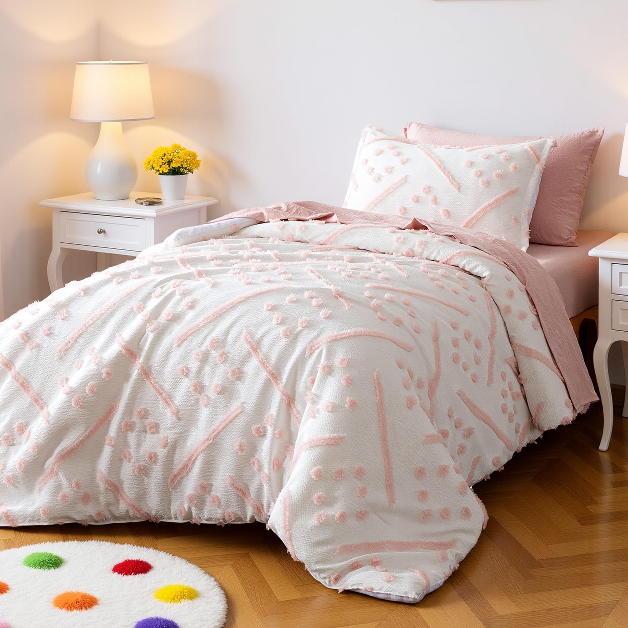Amazon Basics close-up of pink jacquard texture highlighting soft weave and durable finish