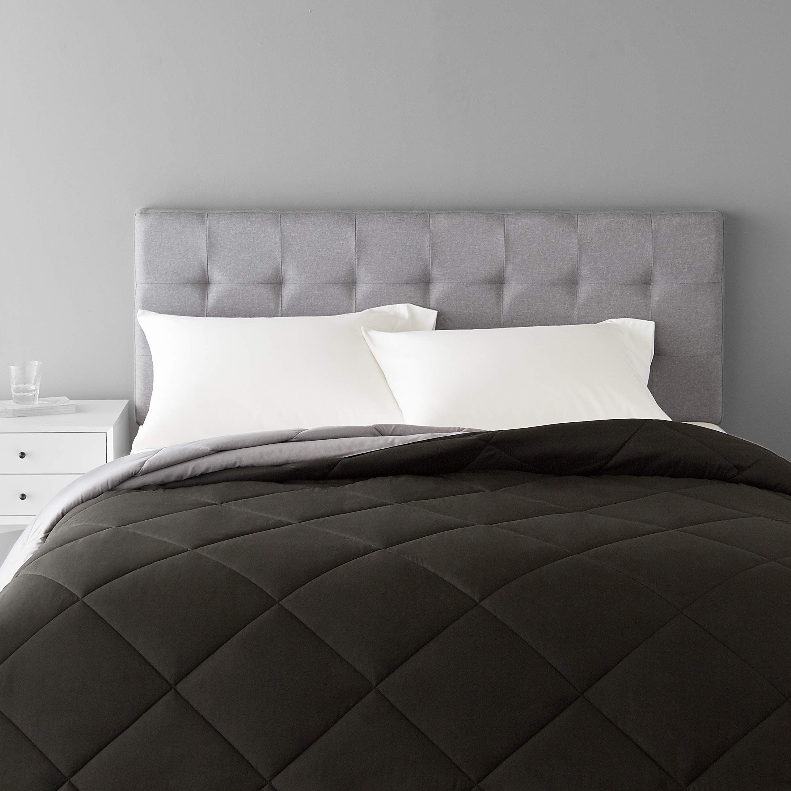 Amazon Basics king comforter front view showing black face and neat finish for versatile decor