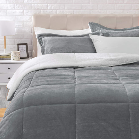Amazon Basics comforter front view showing charcoal micromink and neat finish for modern style
