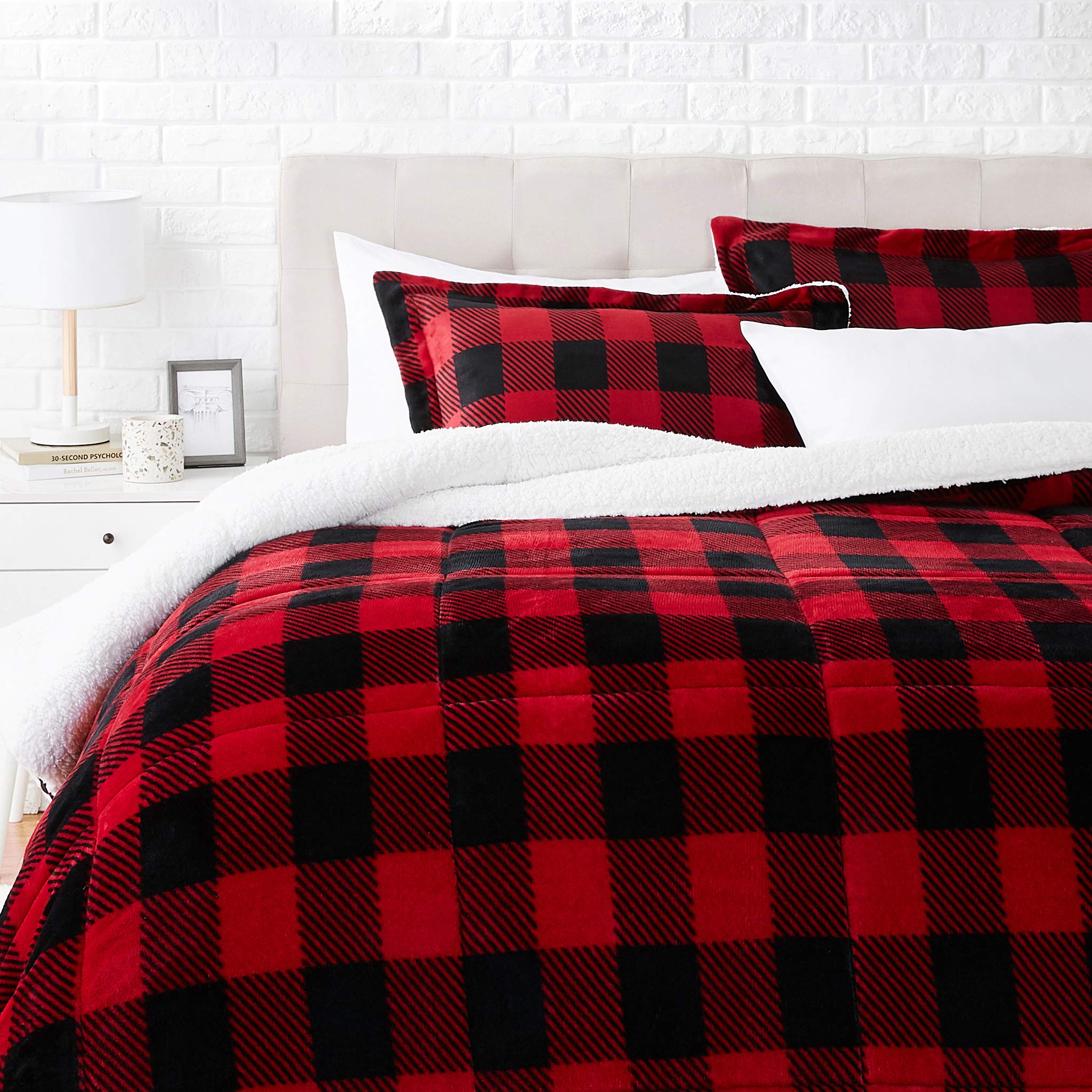 Amazon Basics comforter front view showing red buffalo plaid and cozy style