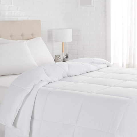Amazon Basics king comforter front view shows crisp white bedding and cozy appeal