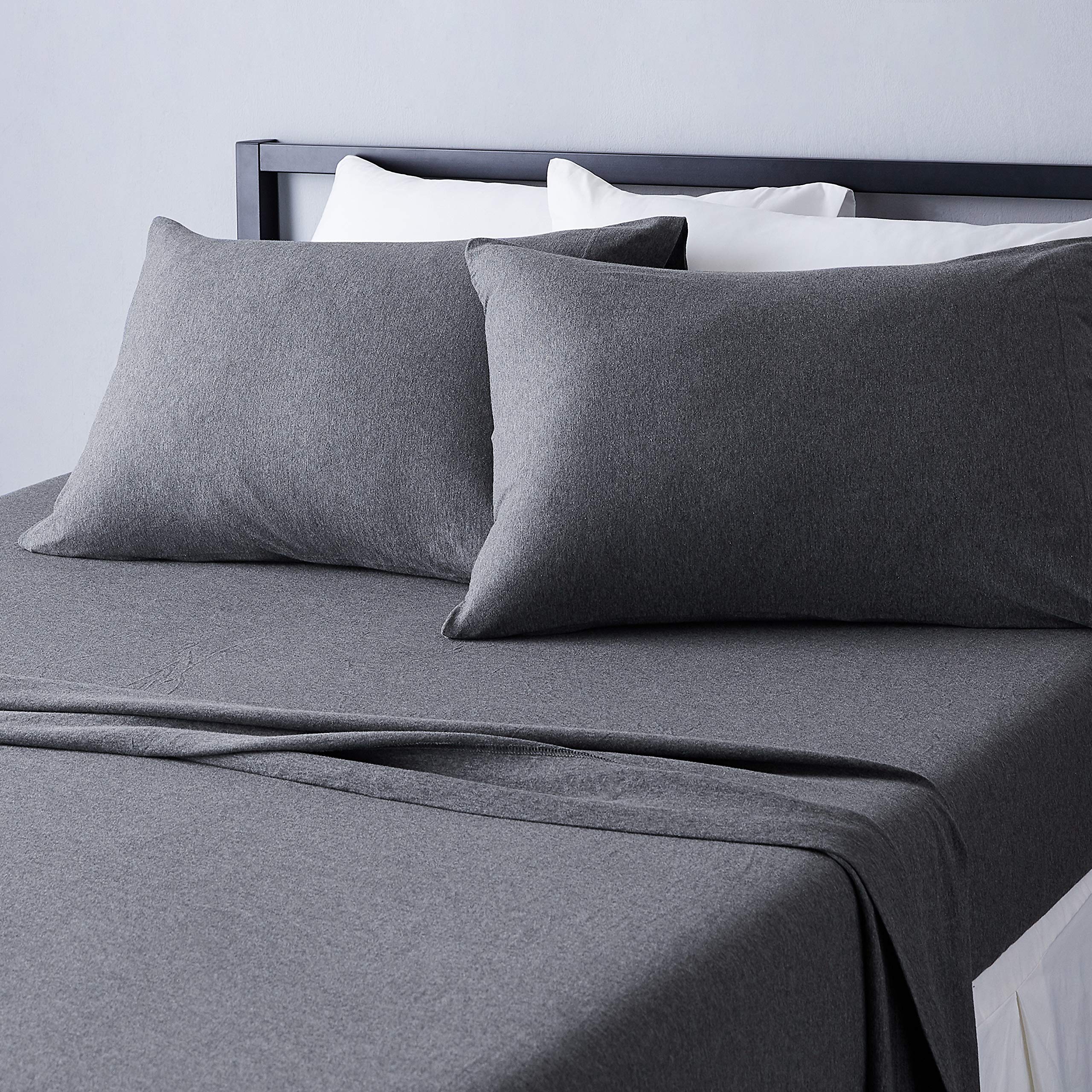 Amazon Basics front view of king sheet set packaging showing contents and color benefits
