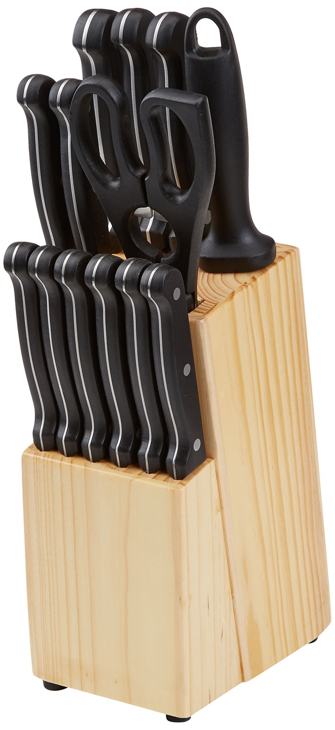 Amazon Basics kitchen scissors and pull-through sharpener displayed for quick maintenance benefits
