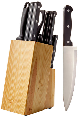 Amazon Basics knife set front view showing block and all 14 pieces for organized storage