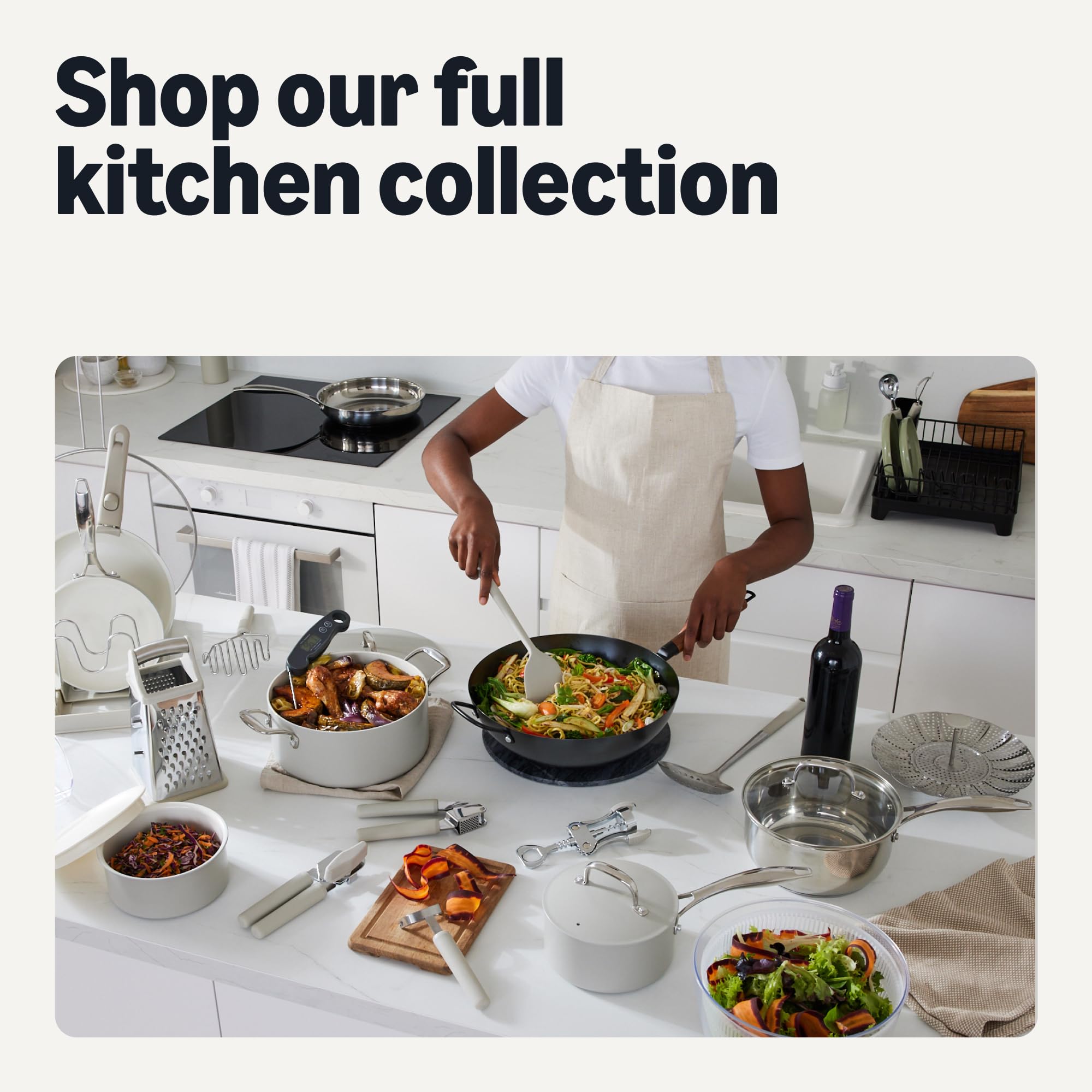 Amazon Basics cookware arranged in kitchen showing everyday cooking convenience benefit
