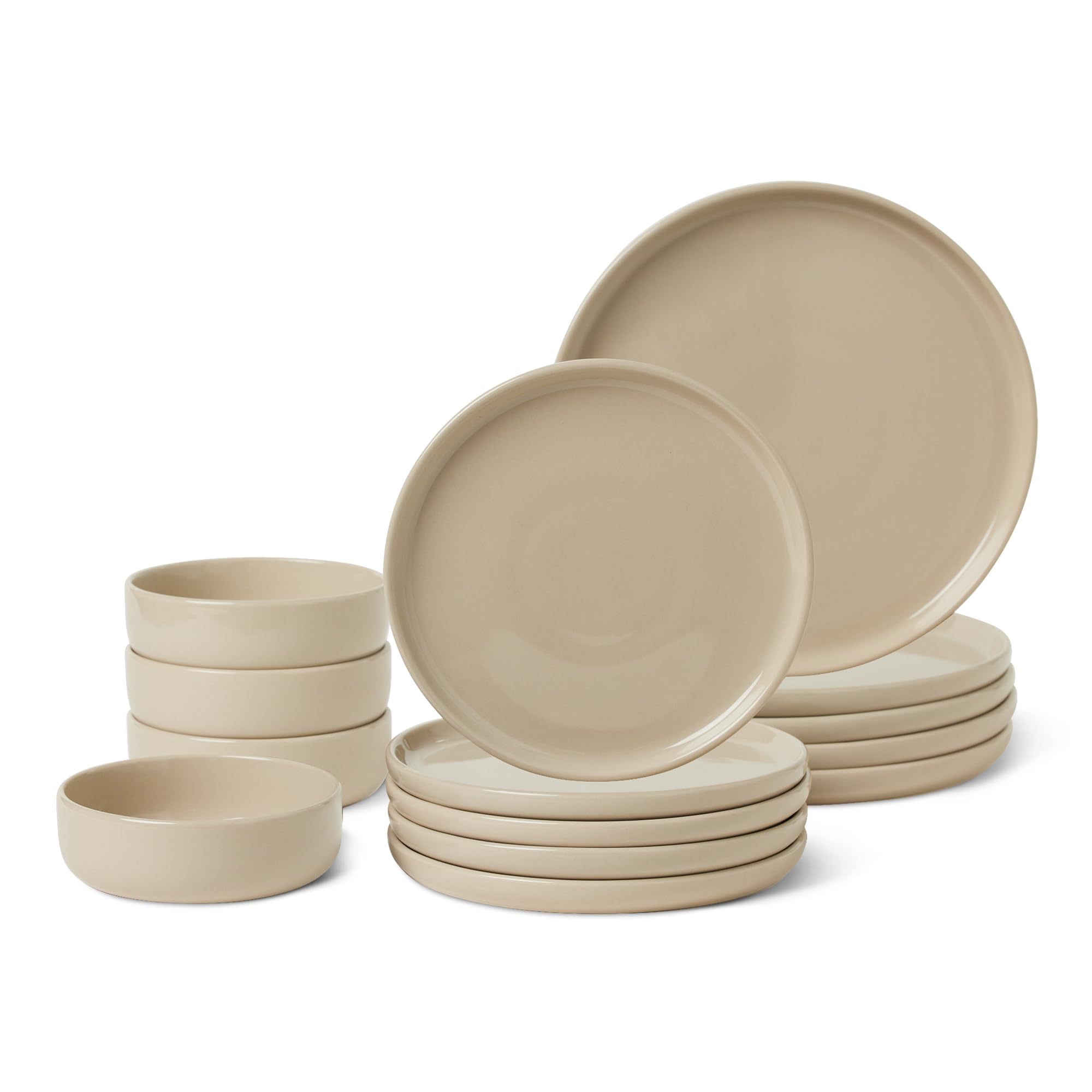 Amazon Basics front view of linen gray set shows organized four-place service and style