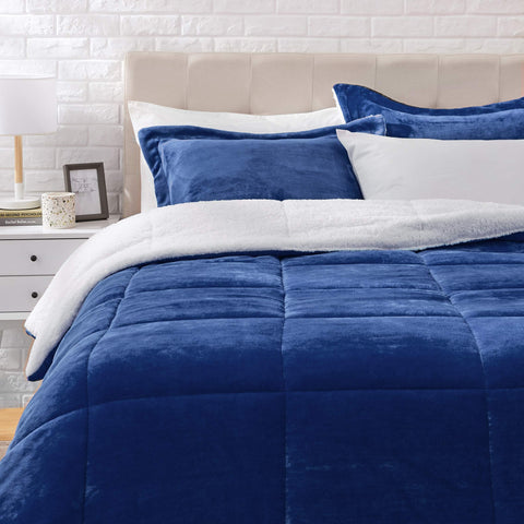 Amazon Basics comforter front view showing navy micromink and neat drape for a polished bed