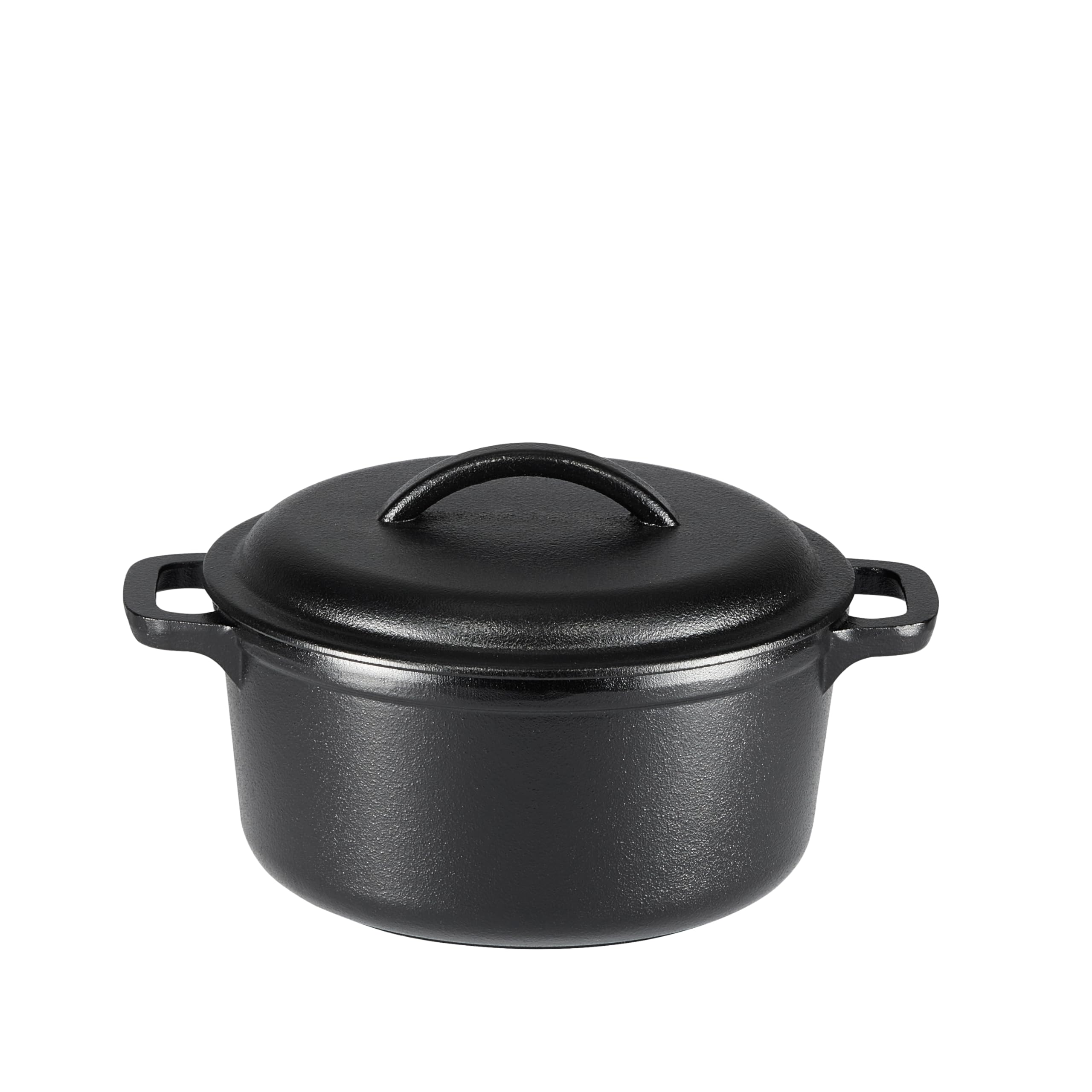 Amazon Basics mini Dutch oven front view showing lid and dual handles benefit: easy handling