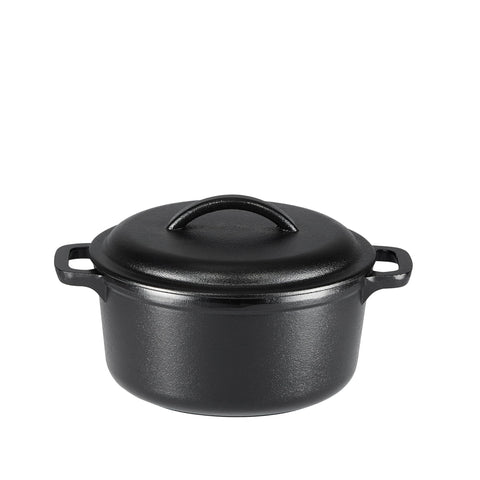 Amazon Basics mini Dutch oven front view showing lid and dual handles benefit: easy handling