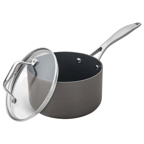 Amazon Basics front view of mini saucepan showing gray finish and handle, durable cooking