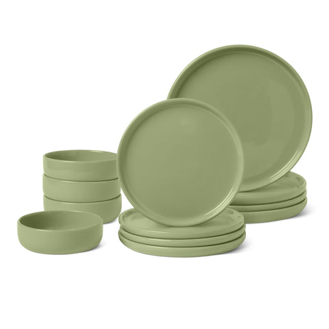 Amazon Basics olive set front view showing four place settings and coordinated look