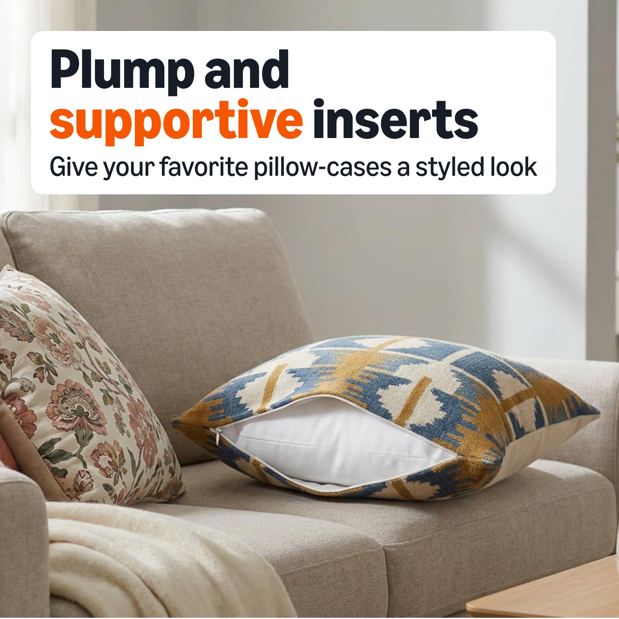 Amazon Basics pillow insert styled on sofa demonstrating plush decorative support
