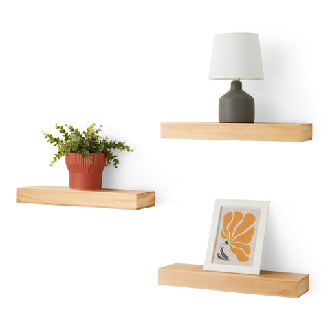 Amazon Basics pine floating shelves front view showing natural finish and neat display benefit