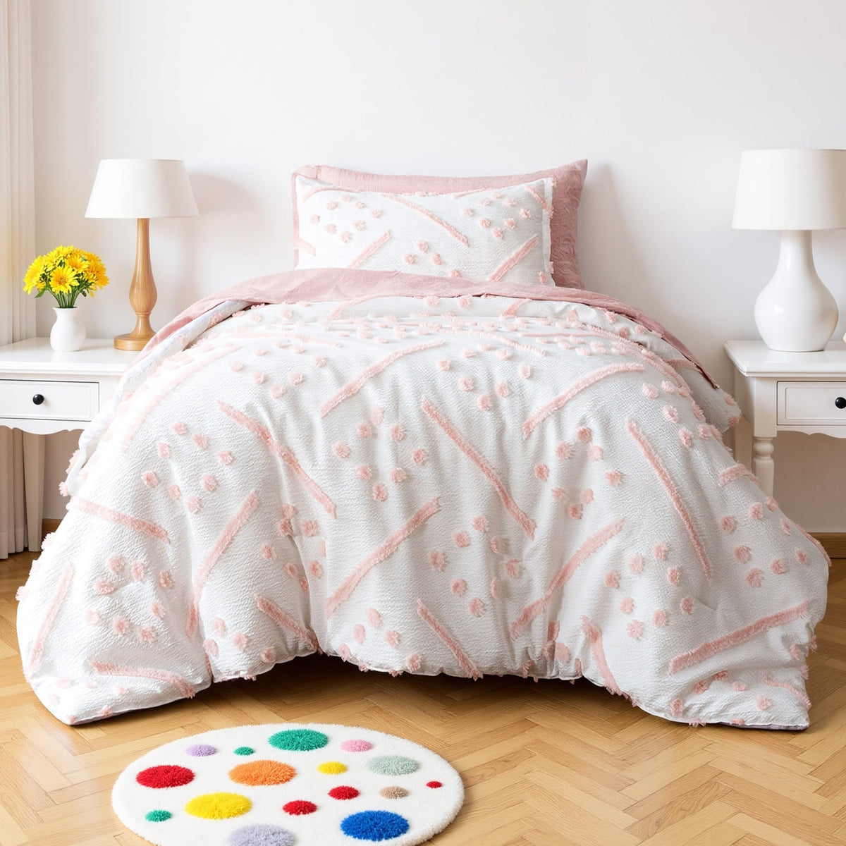 Amazon Basics front view of pink 5-piece bedding set showing coordinated comforter and sheets for instant styling