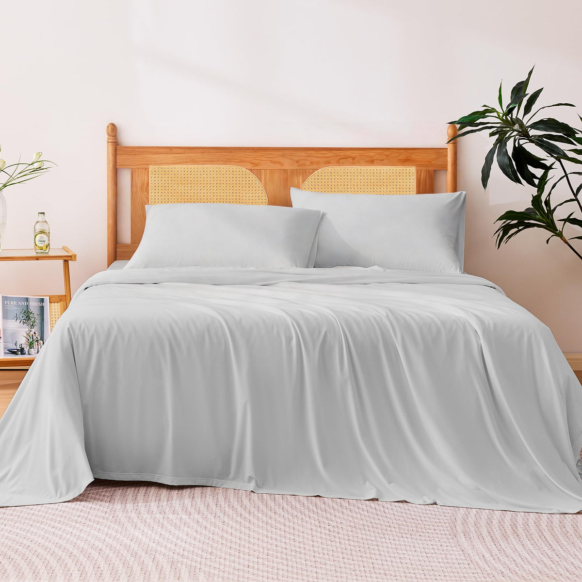 Amazon Basics front view of gray queen cooling sheet set showing full packaging and contents, highlighting convenience