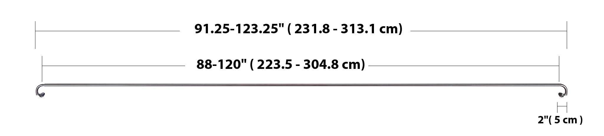 Amazon Basics rod next to measuring tape illustrating adjustable 88 to 120 inch span for wide windows