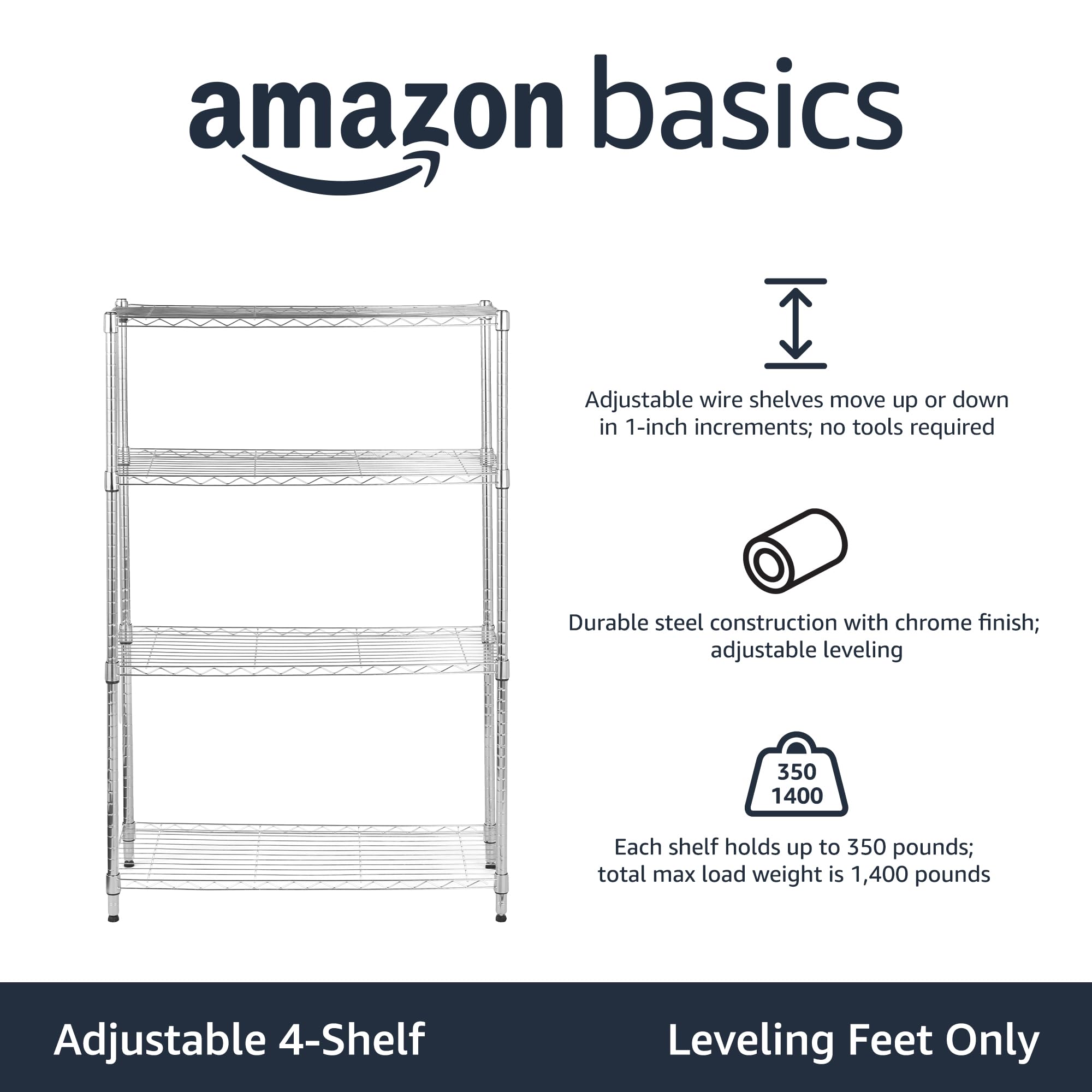 Amazon Basics shelving staged in kitchen showing organized storage benefit