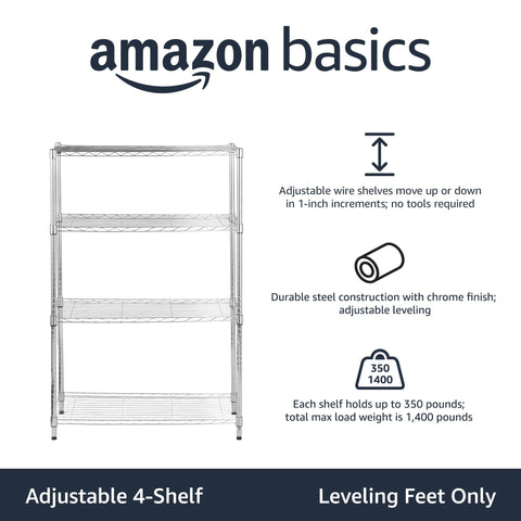 Amazon Basics shelving staged in kitchen showing organized storage benefit