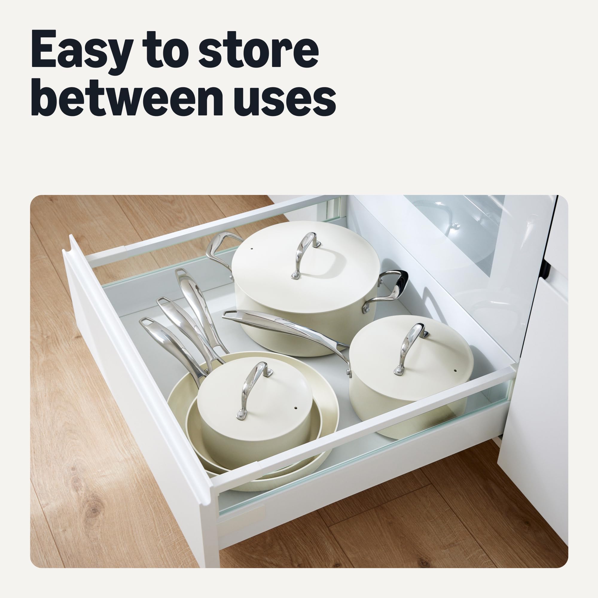 Amazon Basics cookware next to everyday items showing size and capacity benefit
