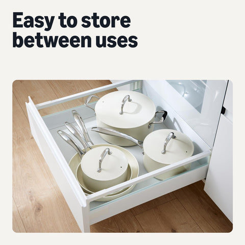 Amazon Basics cookware next to everyday items showing size and capacity benefit