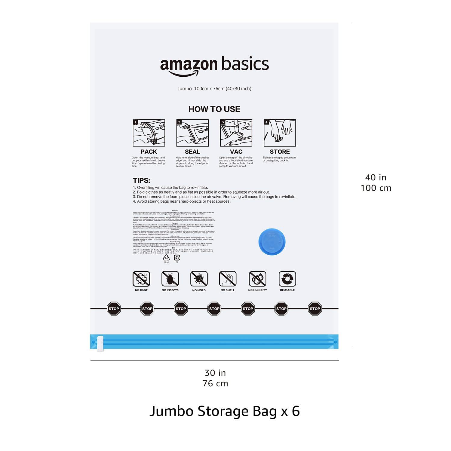 Amazon Basics jumbo bag next to duvet showing 40x30 inch size benefit