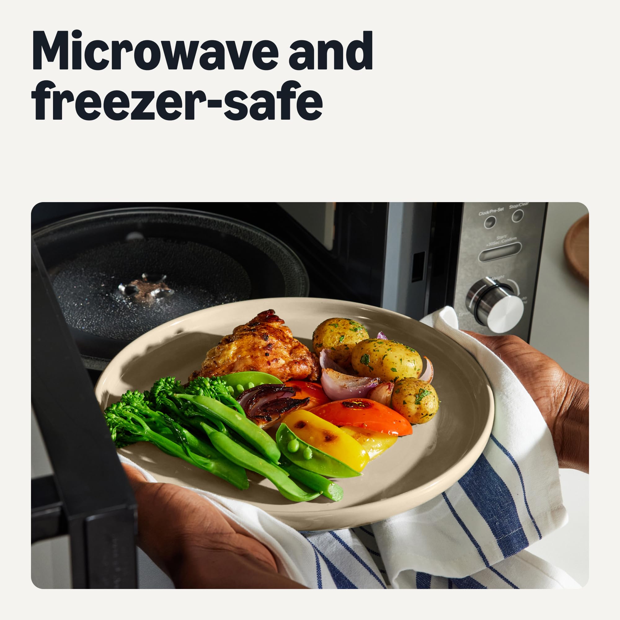 Amazon Basics size in hand showing 10.5-inch scale and portion control benefit