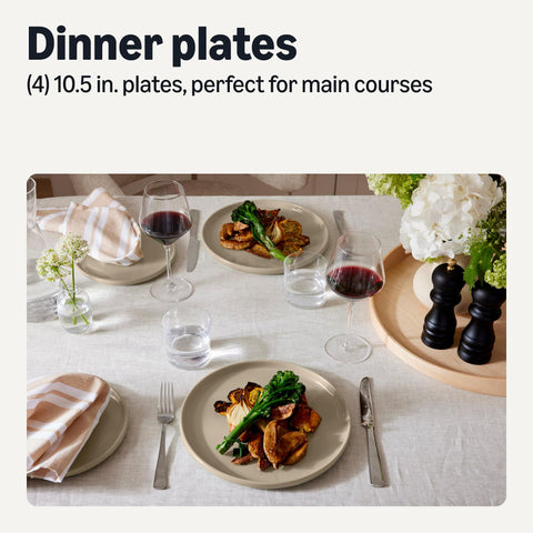 Amazon Basics stacked plates demonstrating compact storage and organization benefit