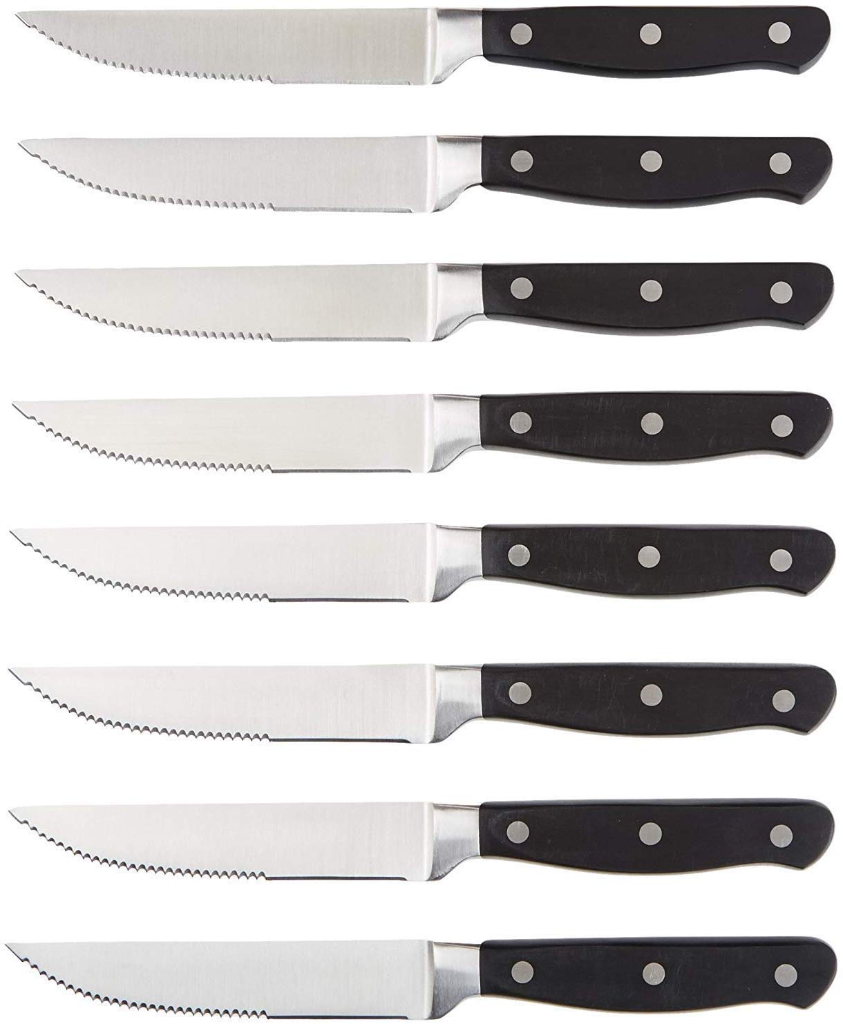 Amazon Basics front view of steak knife set showing eight knives and benefit of uniform tableware