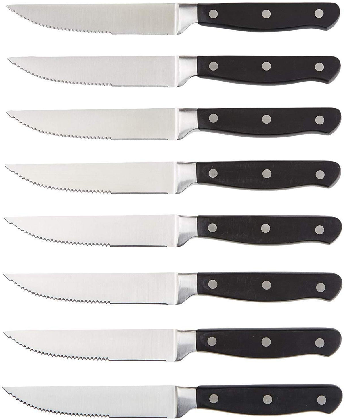 Amazon Basics front view of steak knife set showing eight knives and benefit of uniform tableware