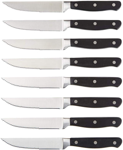 Amazon Basics front view of steak knife set showing eight knives and benefit of uniform tableware