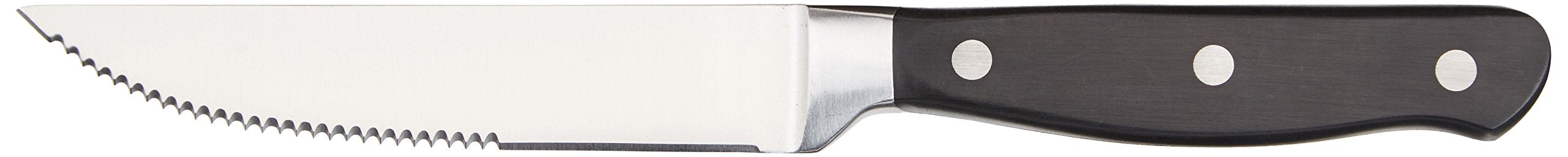 Amazon Basics close-up of stainless steel blade texture showing micro-serrated edge for cleaner cuts