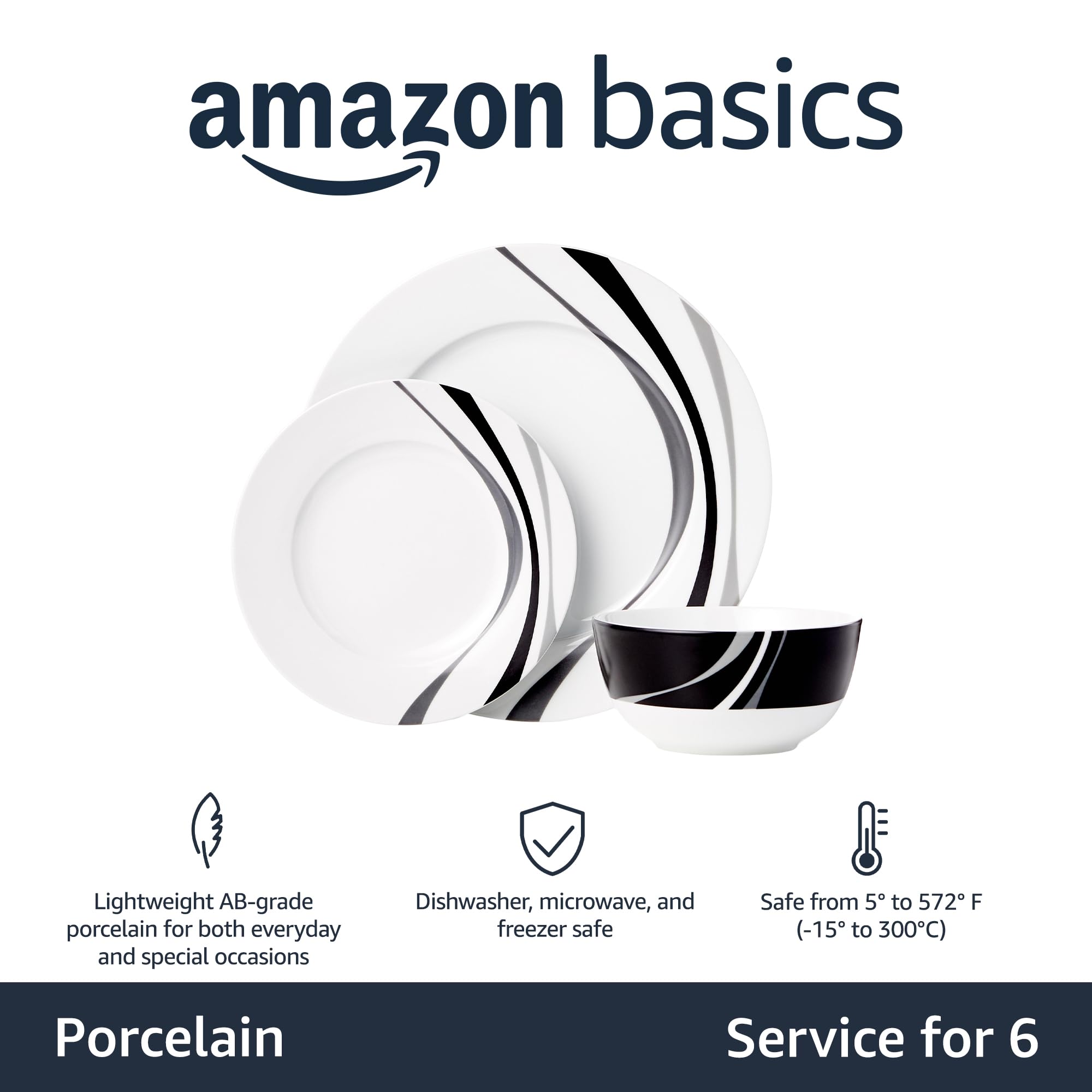 Amazon Basics Swirl top view displaying all 18 pieces and easy coordination benefit