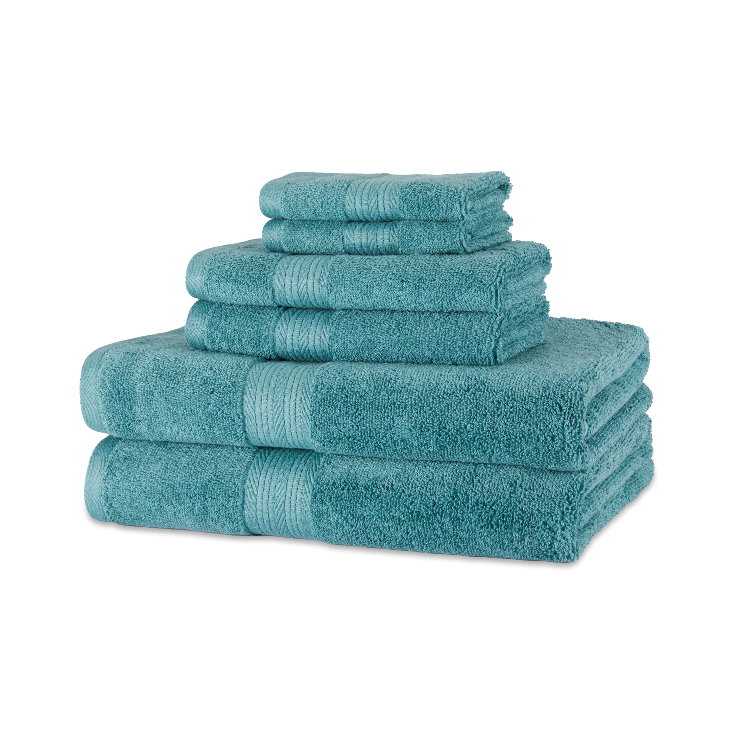 Amazon Basics front view of teal towel set showing full package benefits