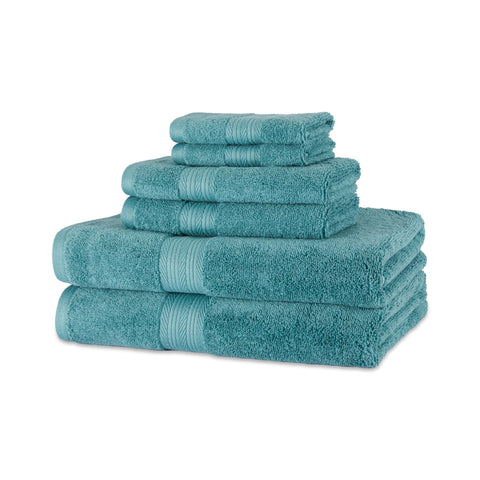 Amazon Basics front view of teal towel set showing full package benefits