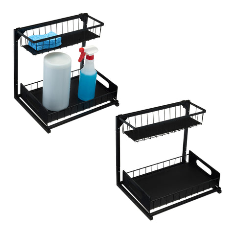 Amazon Basics front view of two L-shape pull-out organizers showing storage capacity and neat layout
