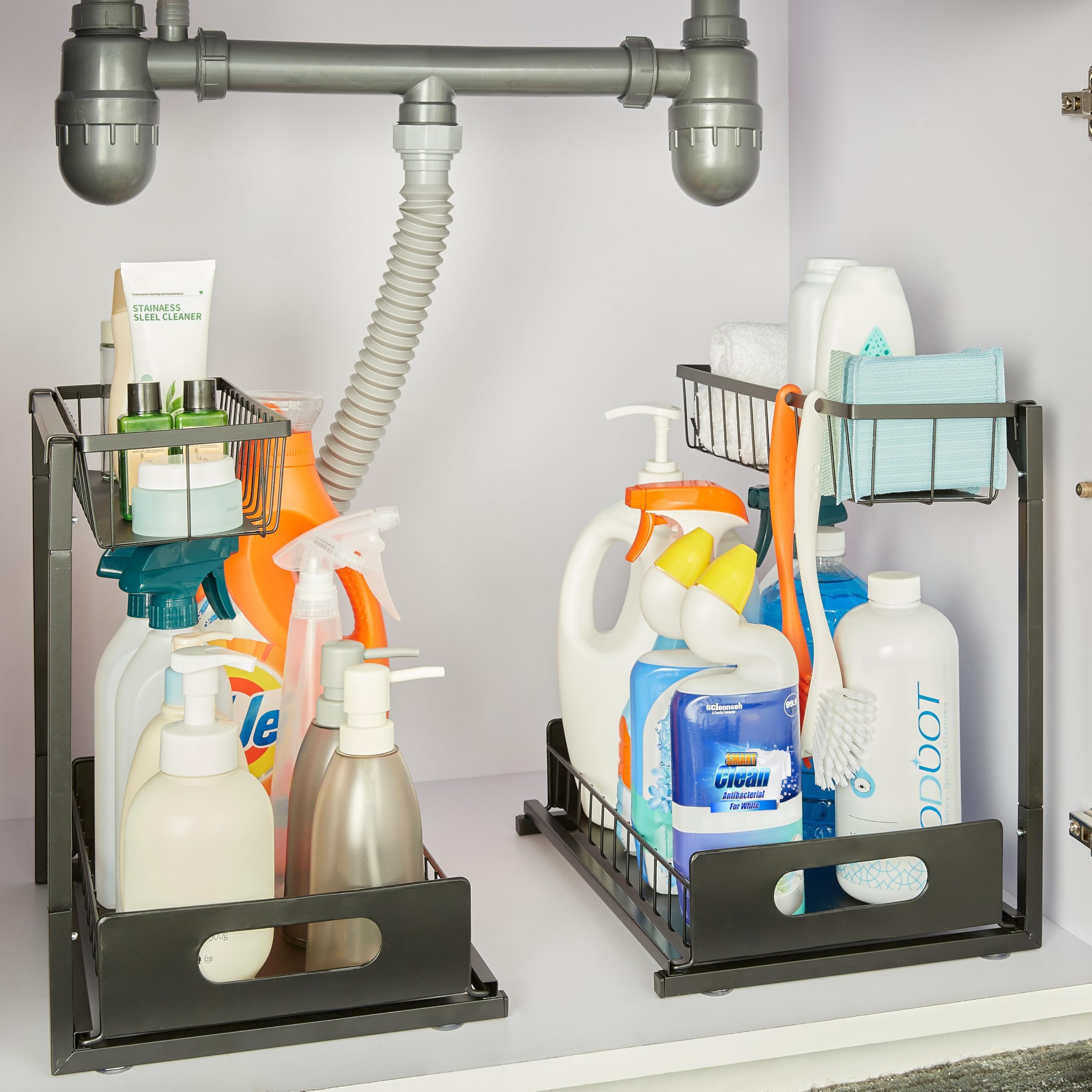 Amazon Basics installed under bathroom sink illustrating tidy storage and quick reach