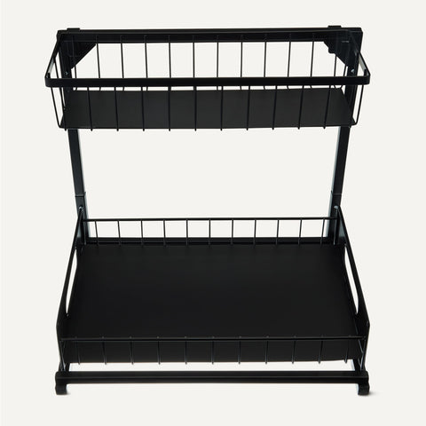 Amazon Basics pull-out organizer extended with cleaning bottles for easy access