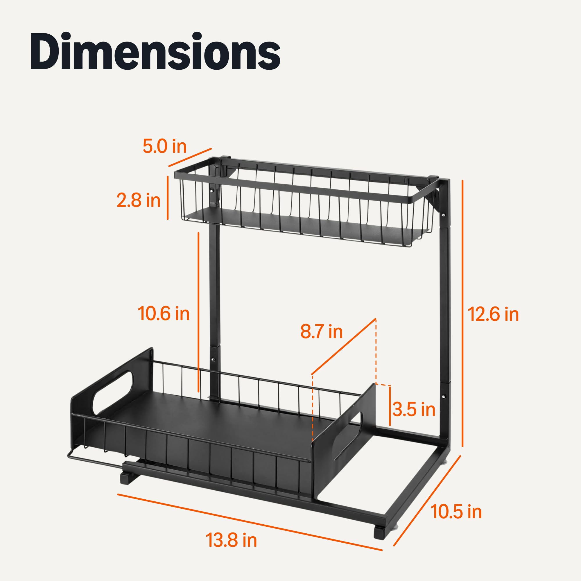 Amazon Basics organizer next to ruler showing 13.8 x 10.5 x 12.6 inch assembled size